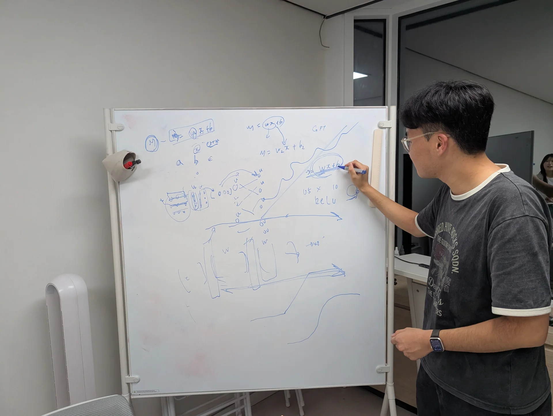 화이트보드에서 그리며 설명하는 영록님